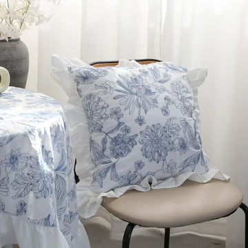 Qfdian 2pcs Blue Printed Flowers Pillowcases Bohemian White Ruffled Fringe for Living Room Bedding Pillow Covers Country Vintage Decors